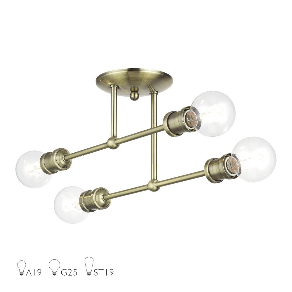 4 Light Antique Brass Large Semi-Flush