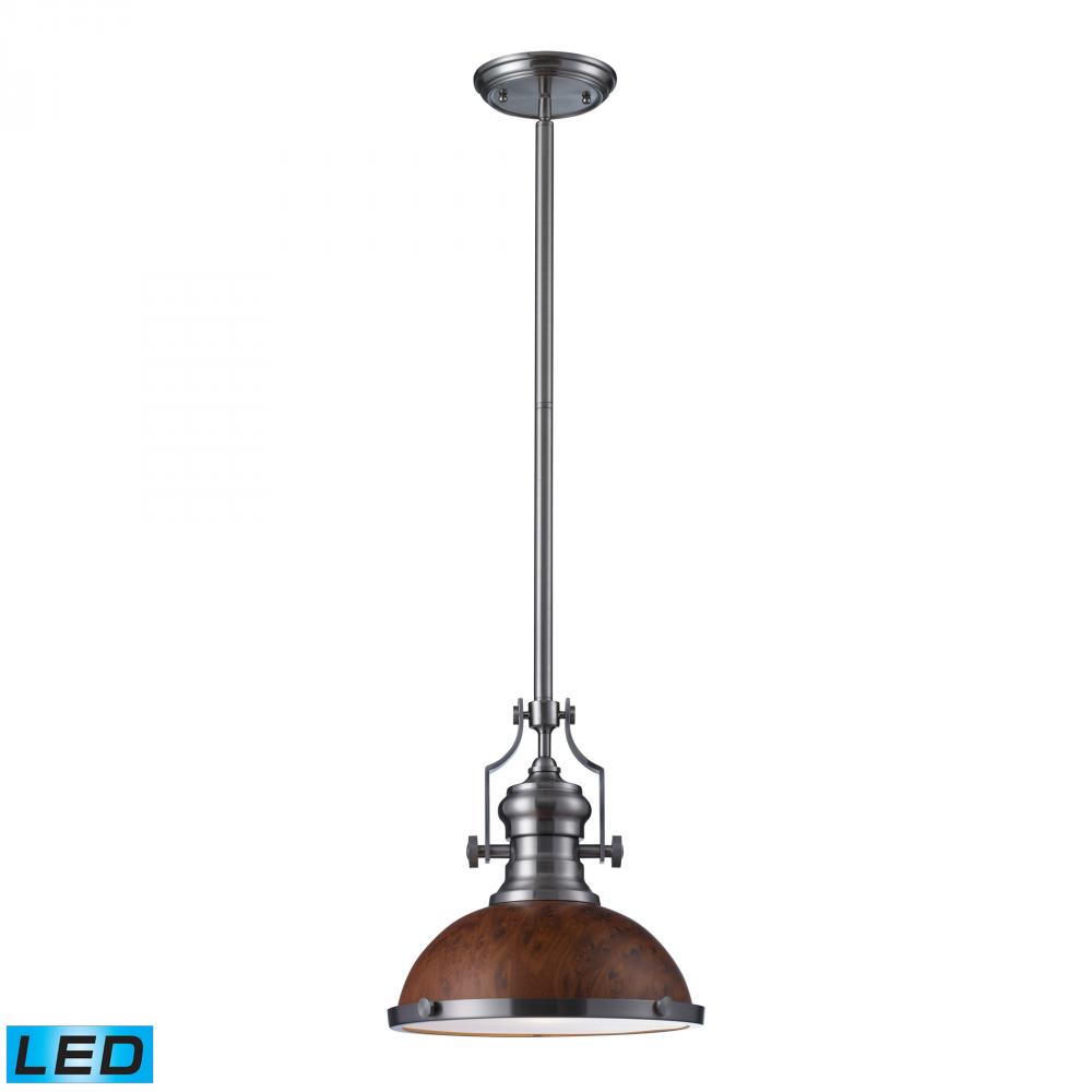 One Light Satin Nickel Burl Wood Shade Down Pendant